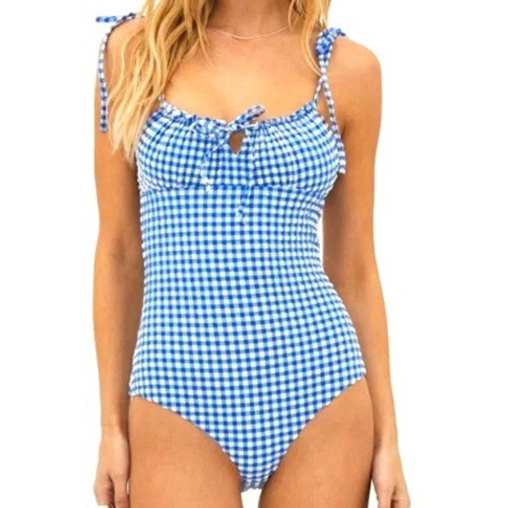 BEACH RIOT NWT Women's Medium Blue Gingham Seersucker Betsy One Piece Swimsuit